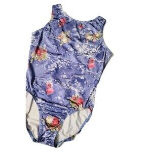 GK Elite VTG 90s Rose Sparkle Blue Keyhole Leotard Bodysuit Sleeveless Adult L